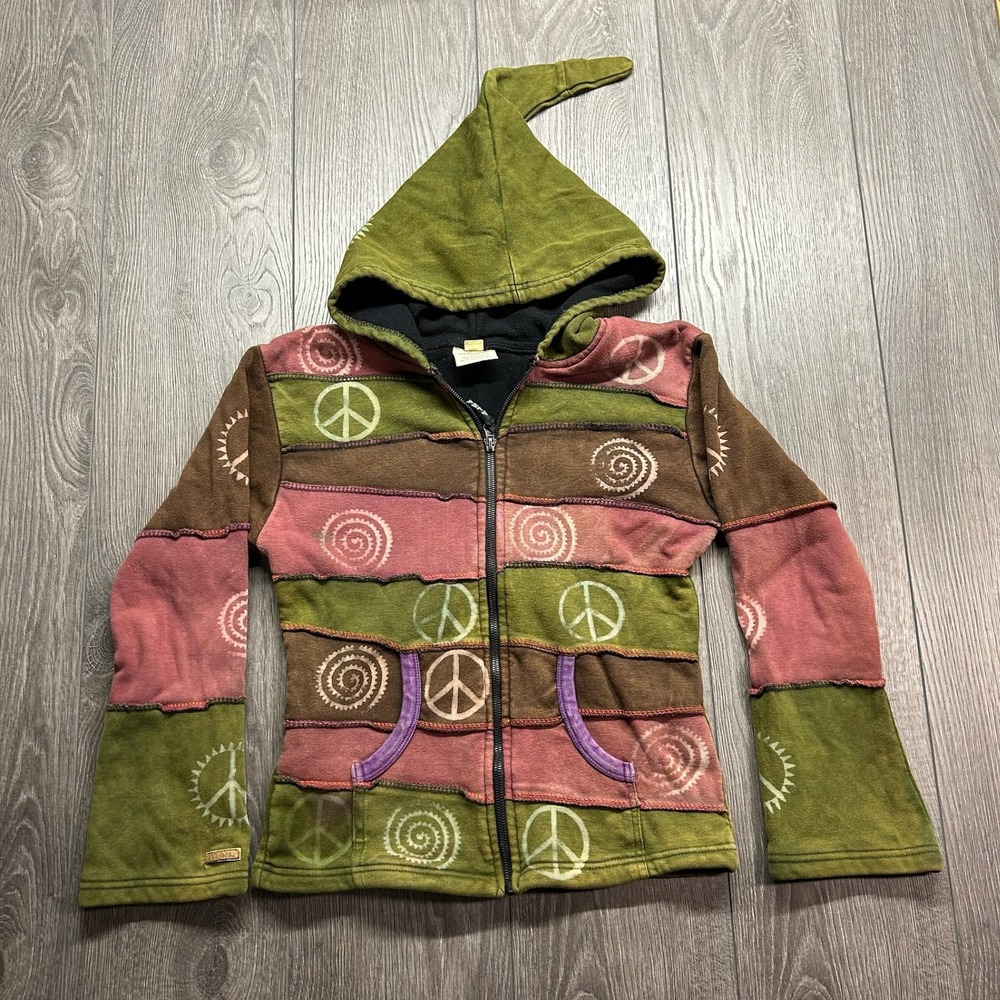 Alma Nepal Patchwork Pixie Hoodie Medium Y2K Peace Sign Boho Zip Up Jacket Green